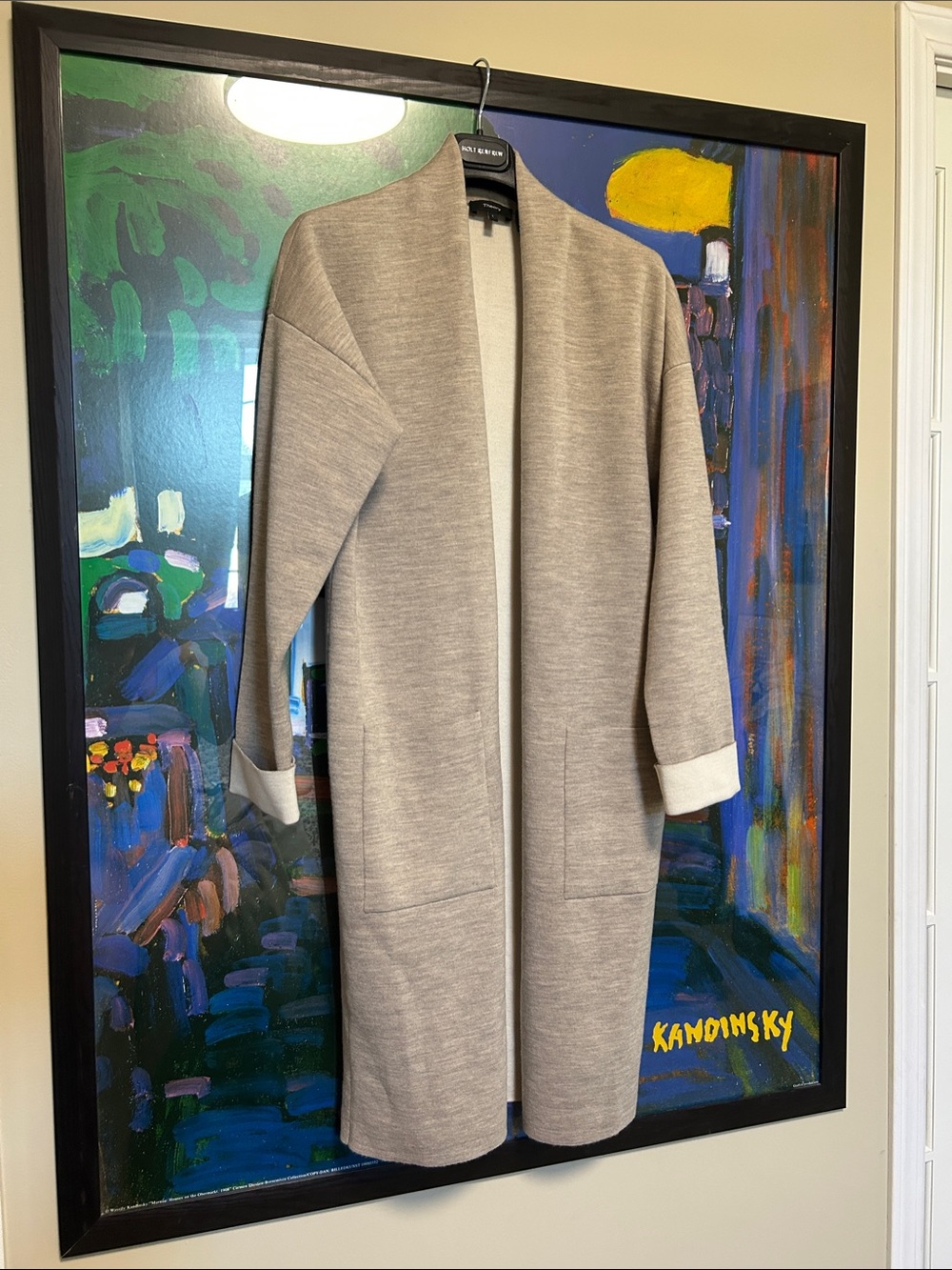 Theory Taupe and Cream wool Open Front Long Knit Cardigan